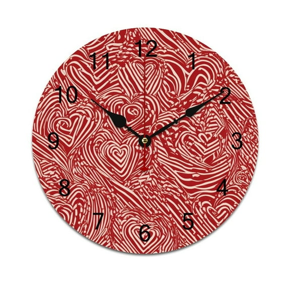 Silent Wall Clock 25cm/9.84in Round Wall Clock Red Line Heart Pattern Hanging Clock for Home Living Room Bedroom Kitchen Non Ticking Battery Operated Living Room Mute Clock