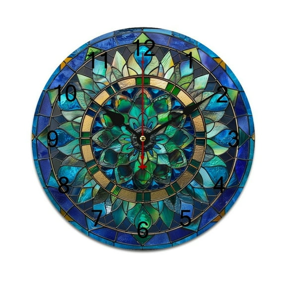Silent Wall Clock 25cm/9.84in Round Wall Clock Retro Mandala Glass Flower Hanging Clock for Home Living Room Bedroom Kitchen Non Ticking Battery Operated Living Room Mute Clock