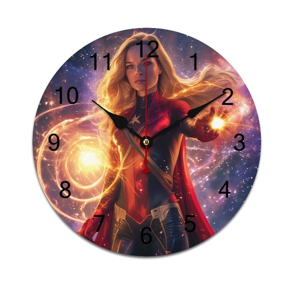 Silent Wall Clock 25cm/9.84in Round Wall Clock Woman Superhero Hanging Clock for Home Living Room Bedroom Kitchen Non Ticking Battery Operated Living Room Mute Clock