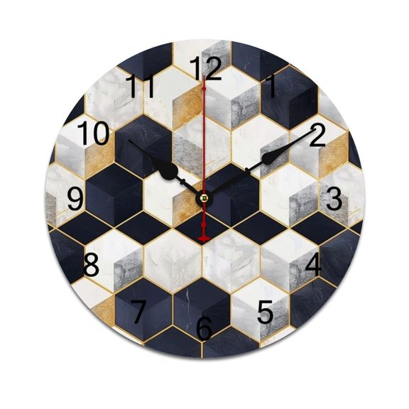 Silent Wall Clock 30cm/11.8in Round Wall Clock White Navy Cubes Hanging Clock for Home Living Room Bedroom Kitchen Non Ticking Battery Operated Living Room Mute Clock