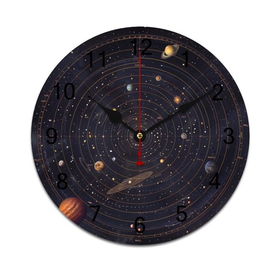 Silent Wall Clock 34cm/13.39in Round Wall Clock Galaxy System Hanging Clock for Home Living Room Bedroom Kitchen Non Ticking Battery Operated Living Room Mute Clock
