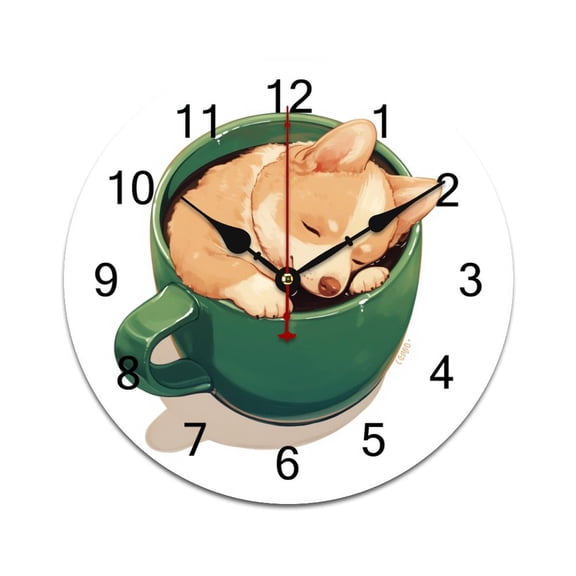 Silent Wall Clock 34cm/13.39in Round Wall Clock Teacup Corgi Hanging Clock for Home Living Room Bedroom Kitchen Non Ticking Battery Operated Living Room Mute Clock