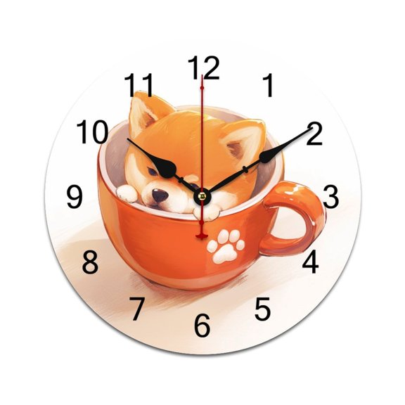 Silent Wall Clock 40cm/15.75in Round Wall Clock Teacup Corgi Hanging Clock for Home Living Room Bedroom Kitchen Non Ticking Battery Operated Living Room Mute Clock