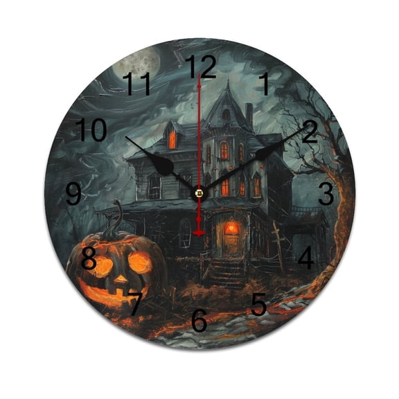Silent Wall Clock 40cm/15.75in Round Wall Clock Halloween Haunted House Scary Pumpkin Hanging Clock for Home Living Room Bedroom Kitchen Non Ticking Battery Operated Living Room Mute Clock