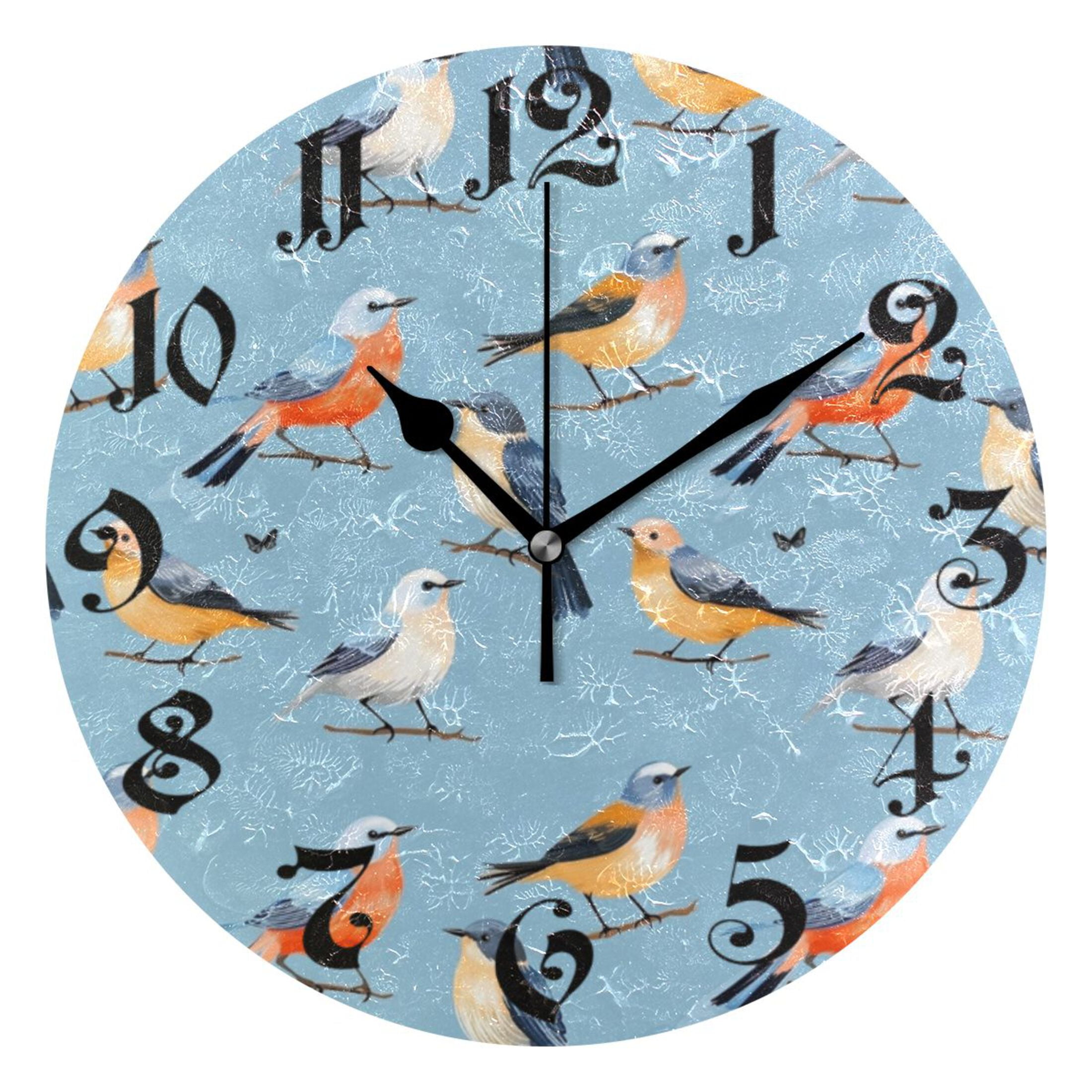 Silent Wall Clock Birds on Blue 10" Non-Ticking Battery Clock Rustic ...