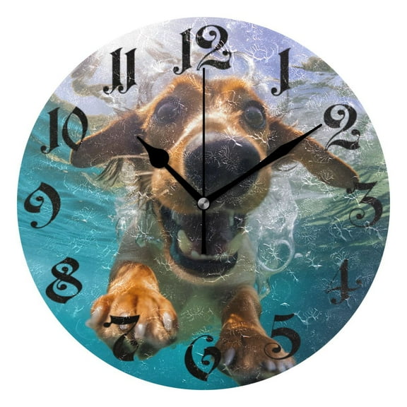 Silent Wall Clock Dog in Water 10" Non-Ticking Battery Clock Rustic Retro Home Decorative for Living Room Kitchen Bathroom