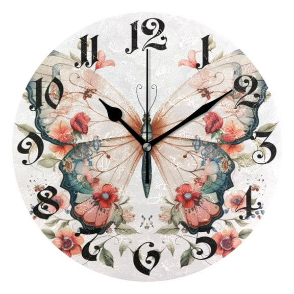Silent Wall Clock Floral on A Butterfly 10" Non-Ticking Battery Clock Rustic Retro Home Decorative for Living Room Kitchen Bathroom