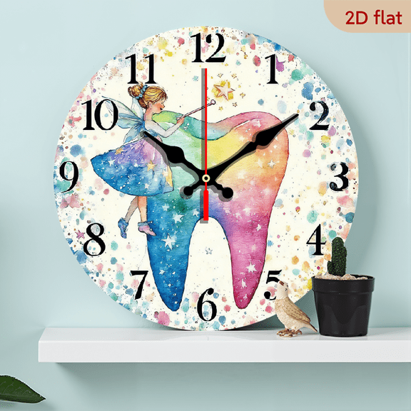 Silent Wall Clock Non-Ticking Wooden, Decorative Circular Clock Fantasy tooth fairy with colorful heart Design for Living Room, Bedroom, Kitchen, Entryway, Office 10inch