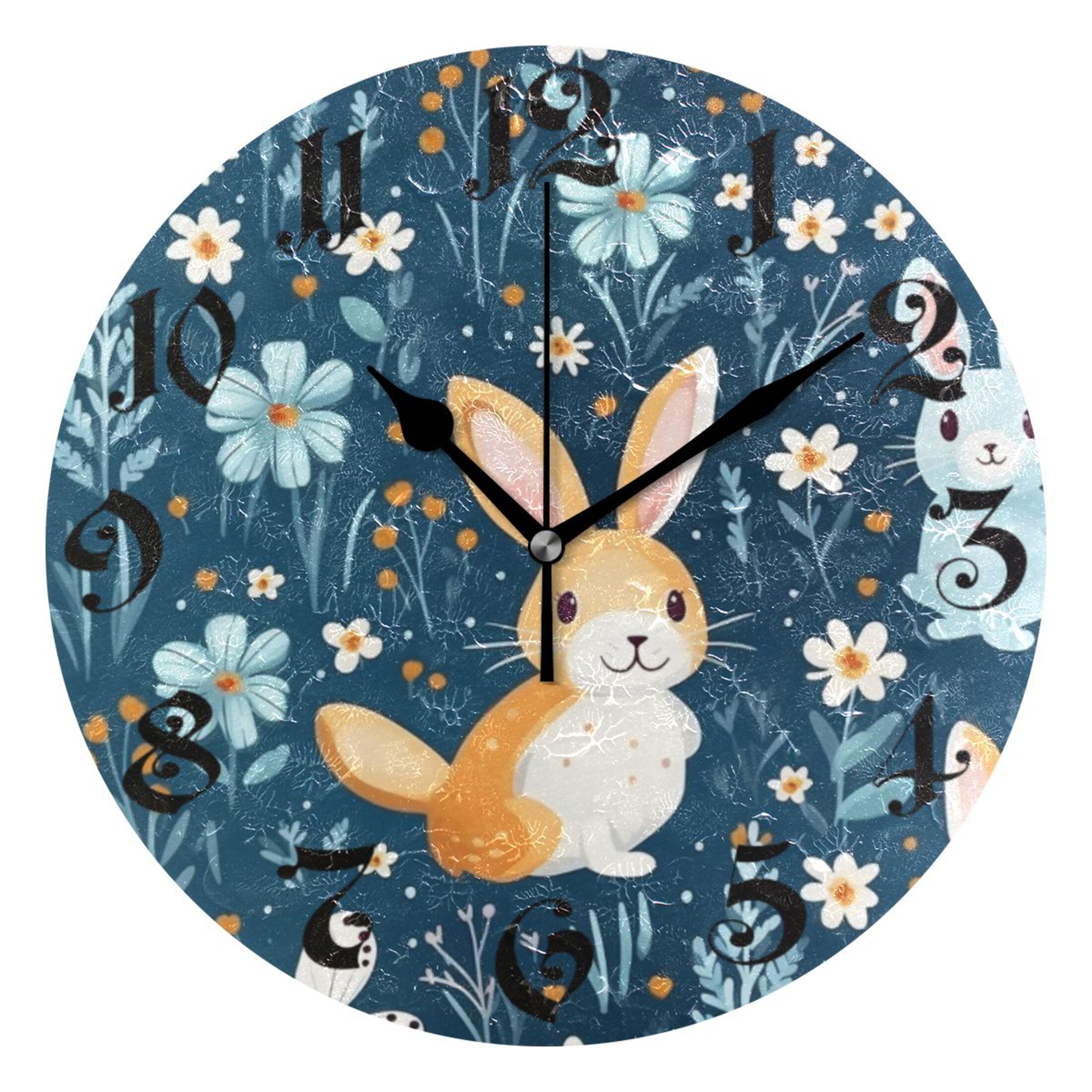 Silent Wall Clock Rabbit in Floral 10