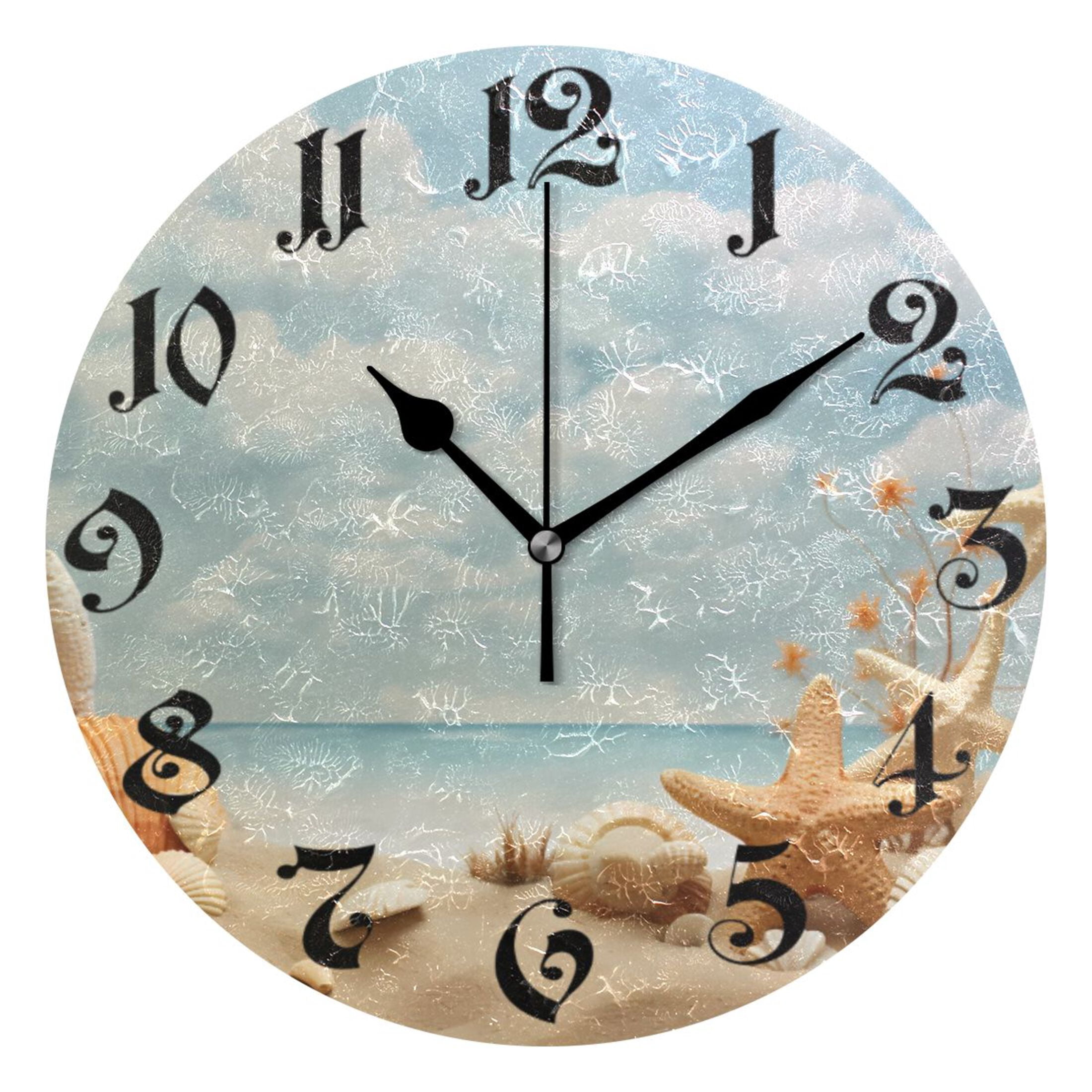 Silent Wall Clock Seashells on Beach with Sky 10" Non-Ticking Battery ...