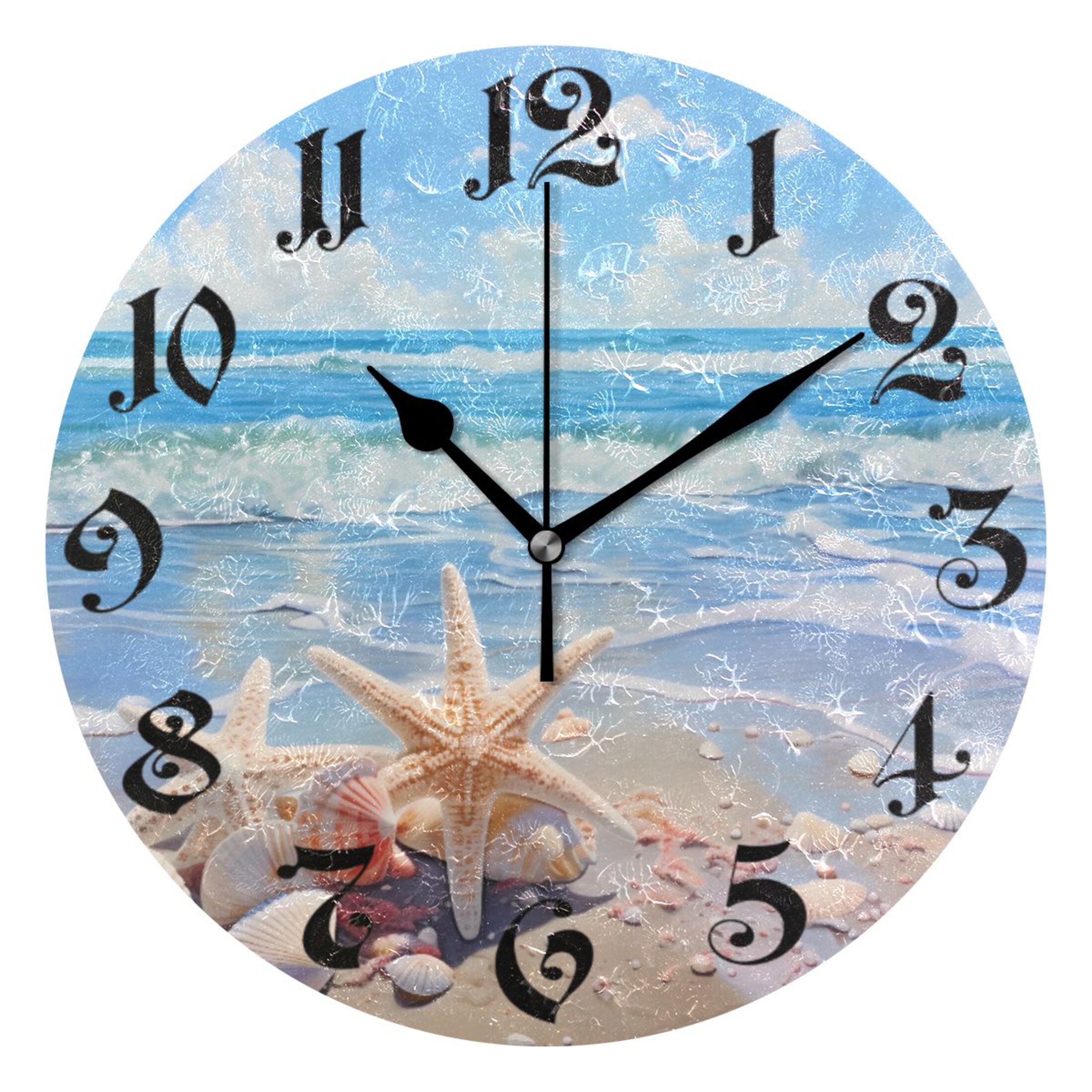 Silent Wall Clock Seastar Seashells Summer Beach 10" Non-Ticking ...