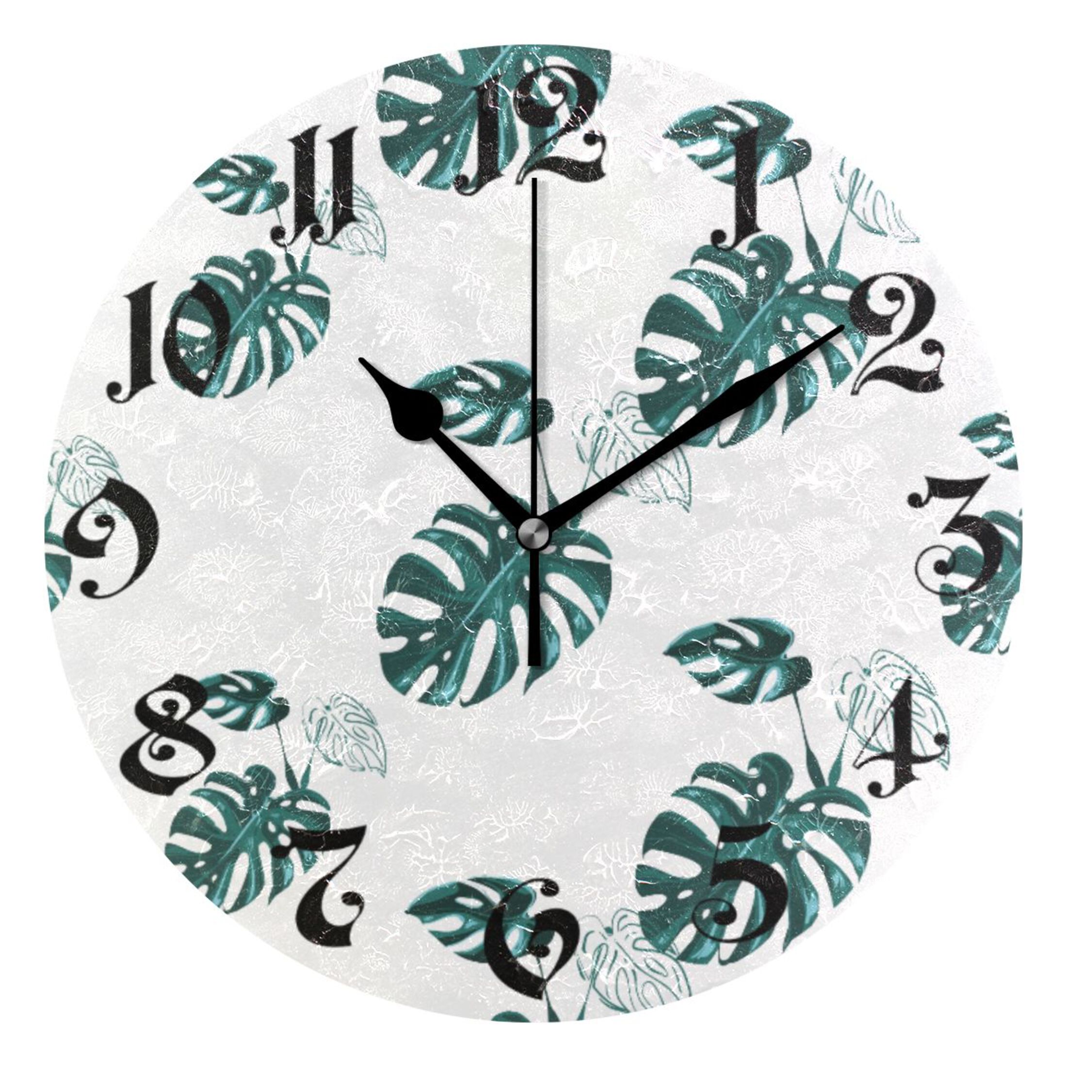 Silent Wall Clock Summer Tropical Leaves 10" NonTicking Battery Clock