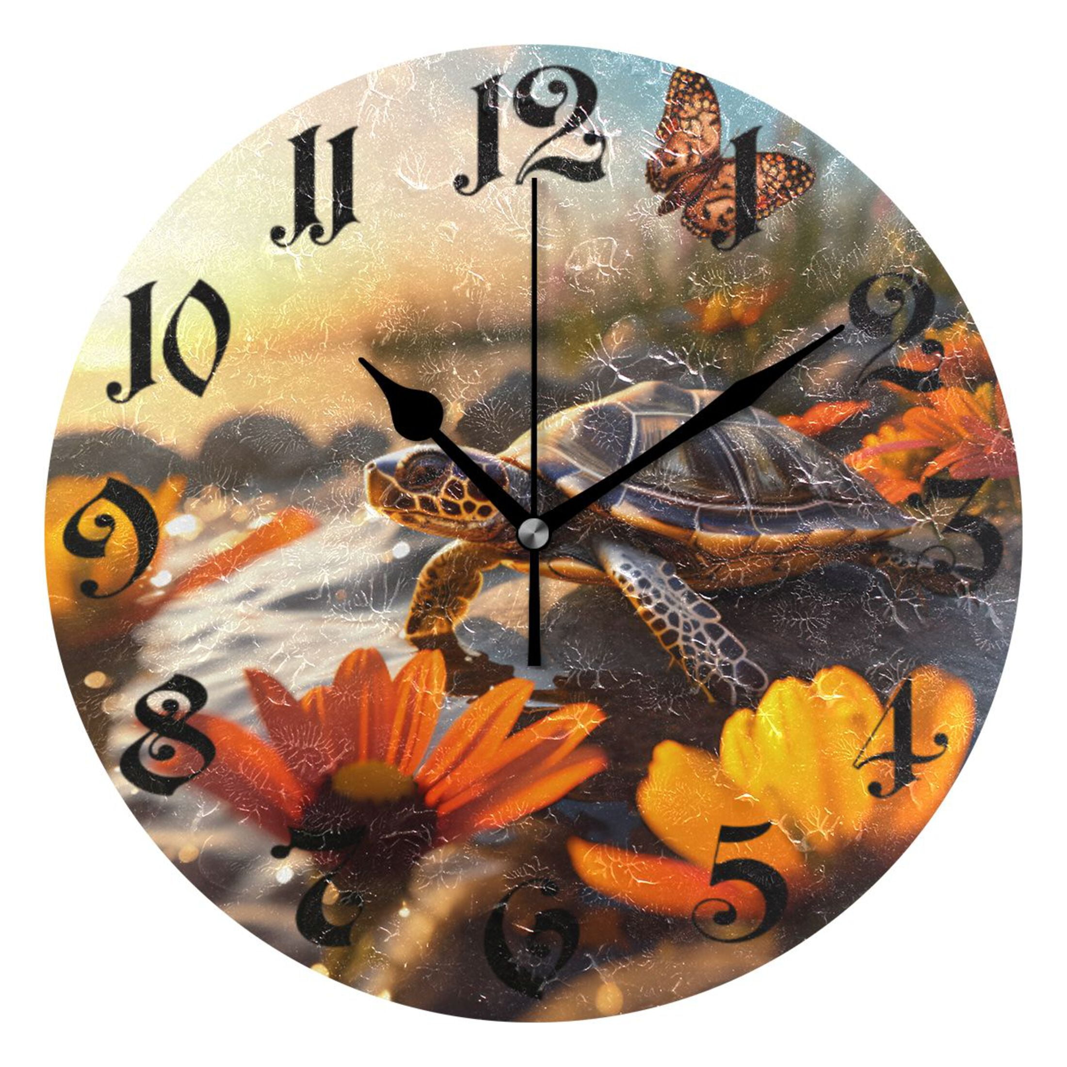 Silent Wall Clock Turtle Flowers Sunset 10