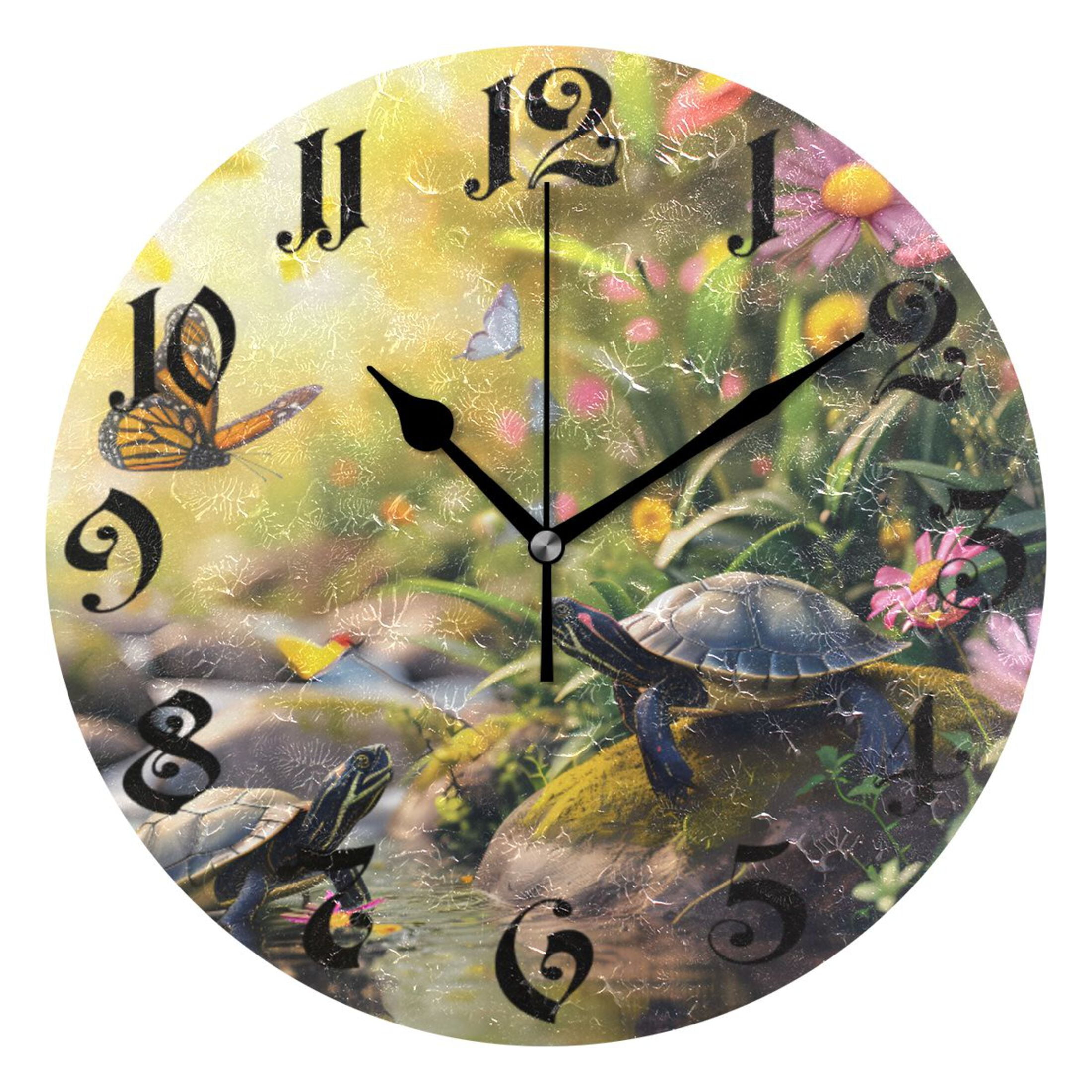 Silent Wall Clock Turtles Butterfly Floral Landscape 10