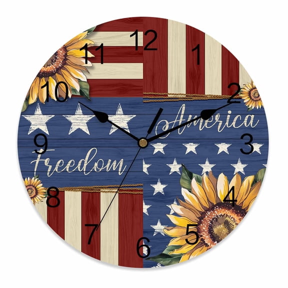 Silent Wall Clocks Battery Operated, 4th of July Round Decorative Wall Clock for Living Room Bedroom Kitchen Bathroom Classroom Decor, 14 Inch America Freedom Patriotic Retro Sunflower
