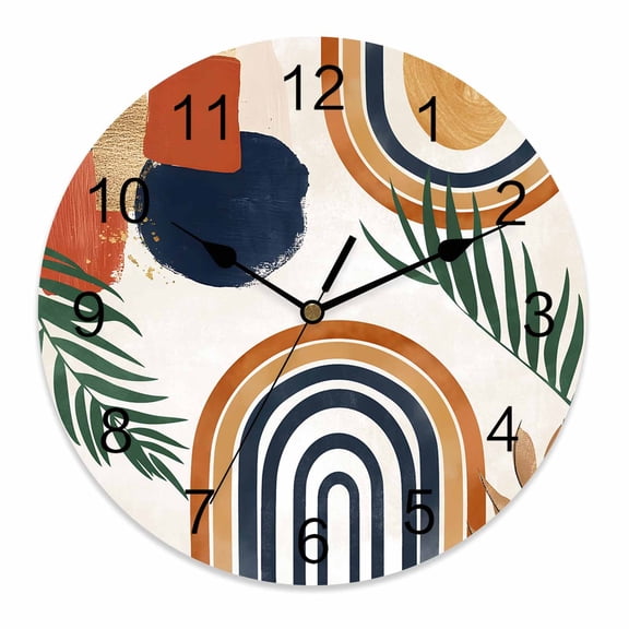Silent Wall Clocks Battery Operated, Abstract Boho Round Decorative Wall Clock for Living Room Bedroom Kitchen Bathroom Classroom Decor, 12 Inch Mid Century Geometric Palm Leaf Sun Moon Brown