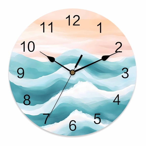 Silent Wall Clocks Battery Operated, Abstract Coastal Round Decorative Wall Clock for Living Room Bedroom Kitchen Bathroom Classroom Decor, 12 Inch Ocean Waves Pink Turquoise