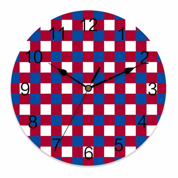 Silent Wall Clocks Battery Operated, Abstract Modern Round Decorative Wall Clock for Living Room Bedroom Kitchen Bathroom Classroom Decor, 10 Inch 4th of July Flag Checkered Red Navy Blue White
