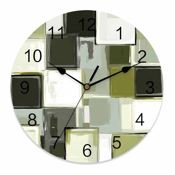 Silent Wall Clocks Battery Operated, Abstract Retro Round Decorative Wall Clock for Living Room Bedroom Kitchen Bathroom Classroom Decor, 10 Inch Geometric Block Pattern Sage Green Gray