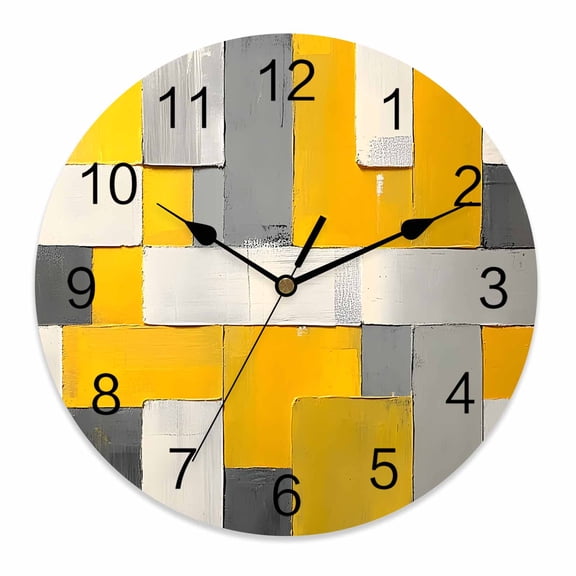 Silent Wall Clocks Battery Operated, Abstract Retro Round Decorative Wall Clock for Living Room Bedroom Kitchen Bathroom Classroom Decor, 14 Inch Geometric Block Pattern Yellow Gray
