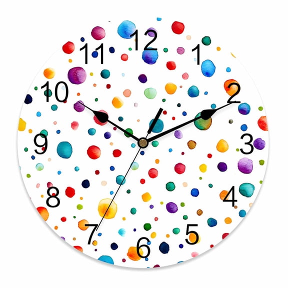 Silent Wall Clocks Battery Operated, Abstract Round Decorative Wall Clock for Living Room Bedroom Kitchen Bathroom Classroom Decor, 12 Inch Watercolor Polka Dots Print Colorful White