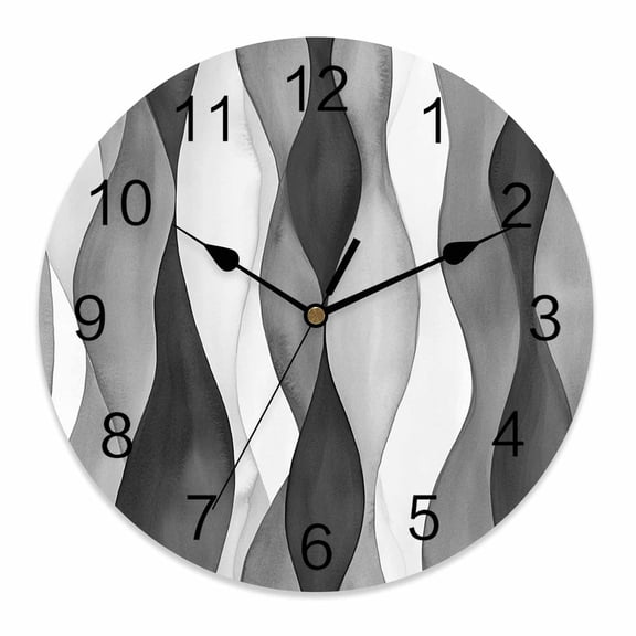 Silent Wall Clocks Battery Operated, Abstract Wave Pattern Texture Round Decorative Wall Clock for Living Room Bedroom Kitchen Bathroom Classroom Decor, 10 Inch Black Gray White