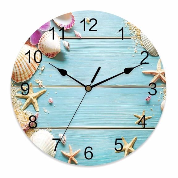 Silent Wall Clocks Battery Operated, Beach Coastal Round Decorative Wall Clock for Living Room Bedroom Kitchen Bathroom Classroom Decor, 12 Inch Farmhouse Starfish Shell Blue