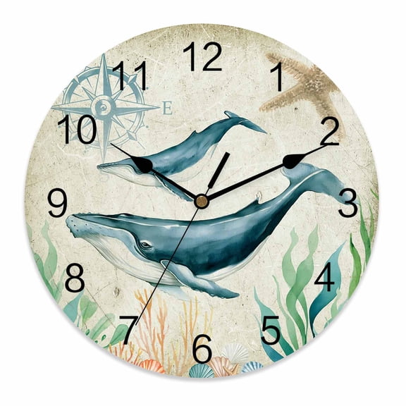 Silent Wall Clocks Battery Operated, Beach Coastal Theme Round Decorative Wall Clock for Living Room Bedroom Kitchen Bathroom Classroom Decor, 12 Inch Vintage Sea Whale