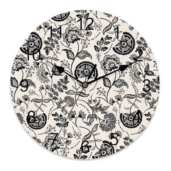 Silent Wall Clocks Battery Operated, Black Chinoiserie Floral Round Decorative Wall Clock for Living Room Bedroom Kitchen Bathroom Classroom Decor, 10 Inch Vintage Farmhouse Cottagecore