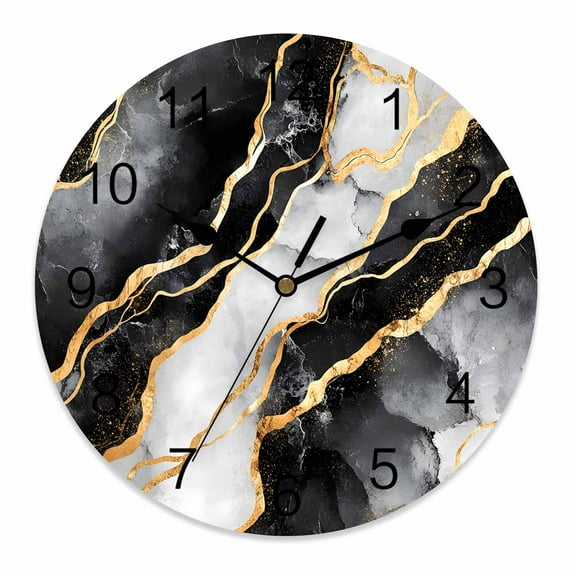 Silent Wall Clocks Battery Operated, Black and Gold Marble Texture Round Decorative Wall Clock for Living Room Bedroom Kitchen Bathroom Classroom Decor, 12 Inch Abstract Lines