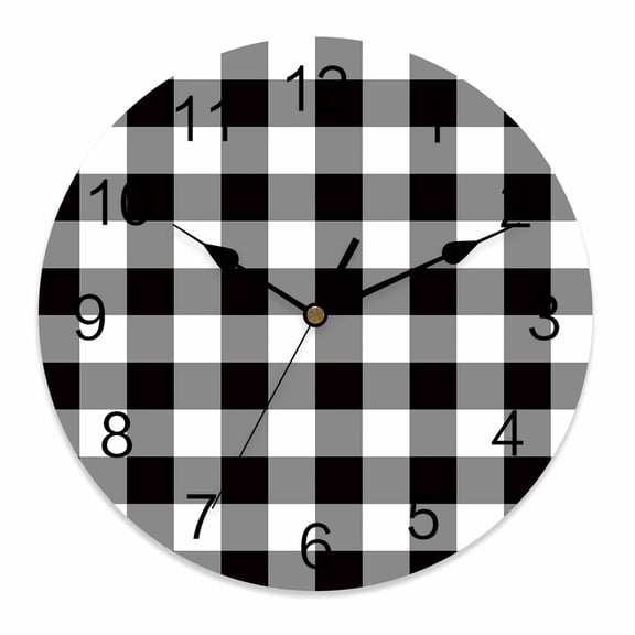 Silent Wall Clocks Battery Operated, Black White Checkered Plaid Round Decorative Wall Clock for Living Room Bedroom Kitchen Bathroom Classroom Decor, 10 Inch Rustic Farmhouse Pattern
