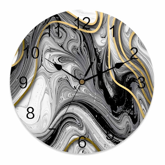Silent Wall Clocks Battery Operated, Black and White Marble Round Decorative Wall Clock for Living Room Bedroom Kitchen Bathroom Classroom Decor, 12 Inch Abstract Golden Lines