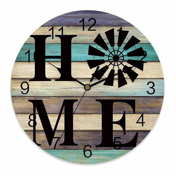 Silent Wall Clocks Battery Operated, Black Windmill HOME Round Decorative Wall Clock for Living Room Bedroom Kitchen Bathroom Classroom Decor, 12 Inch Farmhouse Brown Green Wood Texture