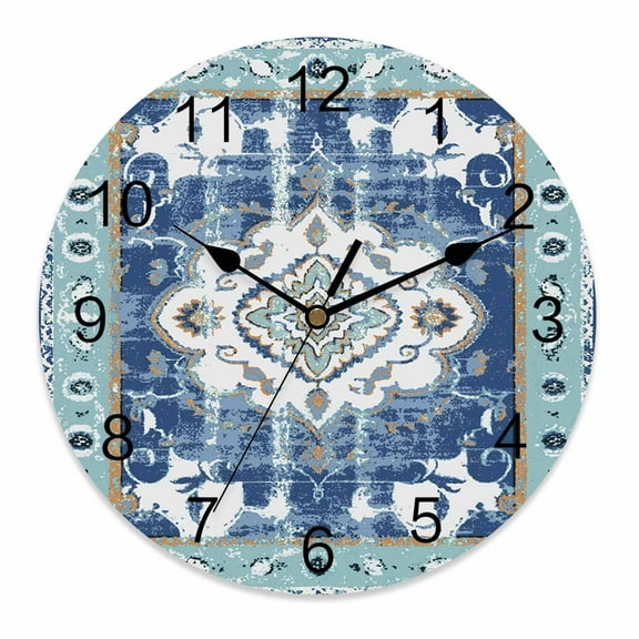 Silent Wall Clocks Battery Operated, Blue Boho Texture Round Decorative Wall Clock for Living Room Bedroom Kitchen Bathroom Classroom Decor, 14 Inch Abstract Retro Tribal Pattern