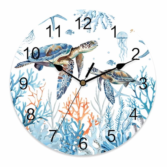 Silent Wall Clocks Battery Operated, Blue Coastal Ocean Round Decorative Wall Clock for Living Room Bedroom Kitchen Bathroom Classroom Decor, 10 Inch Sea Turtle Starfish Coral White