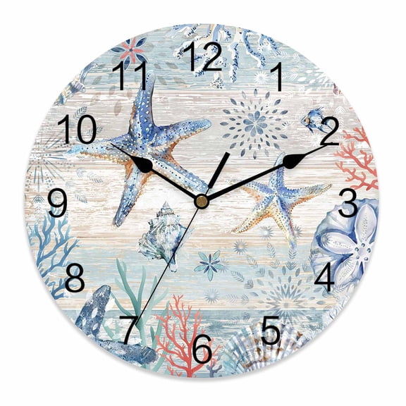 Silent Wall Clocks Battery Operated, Blue Coastal Ocean Round Decorative Wall Clock for Living Room Bedroom Kitchen Bathroom Classroom Decor, 12 Inch Starfish Coral Shell Retro Wood Texture