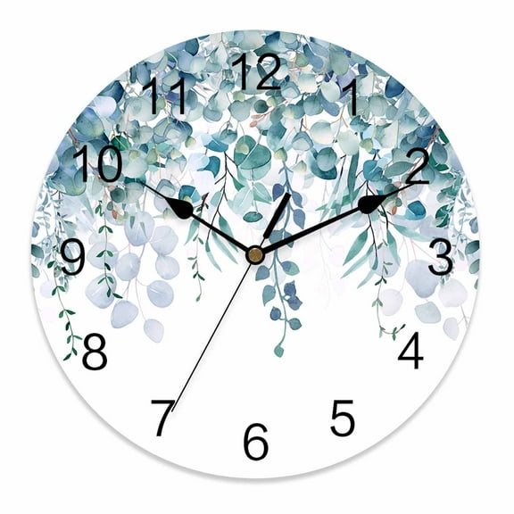 Silent Wall Clocks Battery Operated, Blue Green Eucalyptus Round Decorative Wall Clock for Living Room Bedroom Kitchen Bathroom Classroom Decor, 12 Inch Rustic Watercolor Leaves Floral