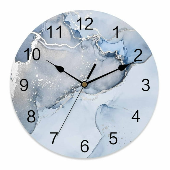Silent Wall Clocks Battery Operated, Blue Marble Texture Round Decorative Wall Clock for Living Room Bedroom Kitchen Bathroom Classroom Decor, 10 Inch Abstract Silver Lines