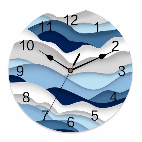 Silent Wall Clocks Battery Operated, Blue Navy Grey Gradient Waves Round Decorative Wall Clock for Living Room Bedroom Kitchen Bathroom Classroom Decor, 12 Inch Abstract Lines