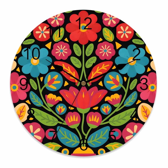 Silent Wall Clocks Battery Operated, Boho Floral Round Decorative Wall Clock for Living Room Bedroom Kitchen Bathroom Classroom Decor, 12 Inch Colorful Mexico Festival Tribal Print