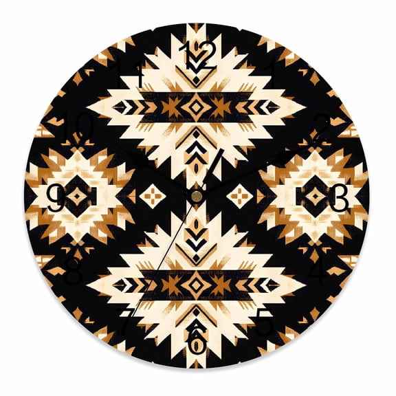 Silent Wall Clocks Battery Operated, Boho Retro Round Decorative Wall Clock for Living Room Bedroom Kitchen Bathroom Classroom Decor, 12 Inch Ethnic Tribal Floral Pattern Black Brown Beige