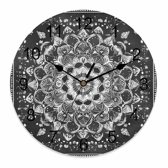 Silent Wall Clocks Battery Operated, Boho Retro Round Decorative Wall Clock for Living Room Bedroom Kitchen Bathroom Classroom Decor, 14 Inch Ethnic Tribal Floral Pattern Onyx Gray White