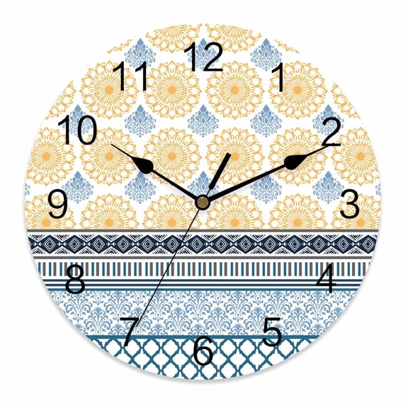 Silent Wall Clocks Battery Operated, Boho Round Decorative Wall Clock for Living Room Bedroom Kitchen Bathroom Classroom Decor, 10 Inch Geometric Stripes Damask Yellow Blue