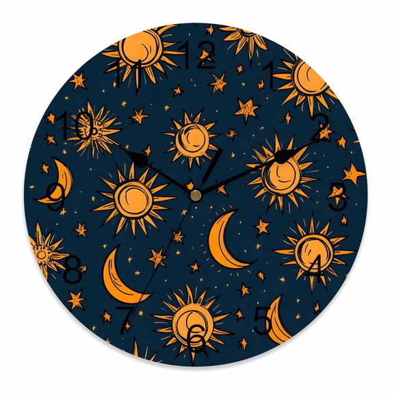 Silent Wall Clocks Battery Operated, Boho Sun and Moon Round Decorative Wall Clock for Living Room Bedroom Kitchen Bathroom Classroom Decor, 10 Inch Navy Blue Yellow