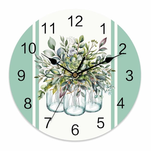 Silent Wall Clocks Battery Operated, Botanical floral Round Decorative Wall Clock for Living Room Bedroom Kitchen Bathroom Classroom Decor, 14 Inch Retro Watercolor Eucalyptus Leaves Green