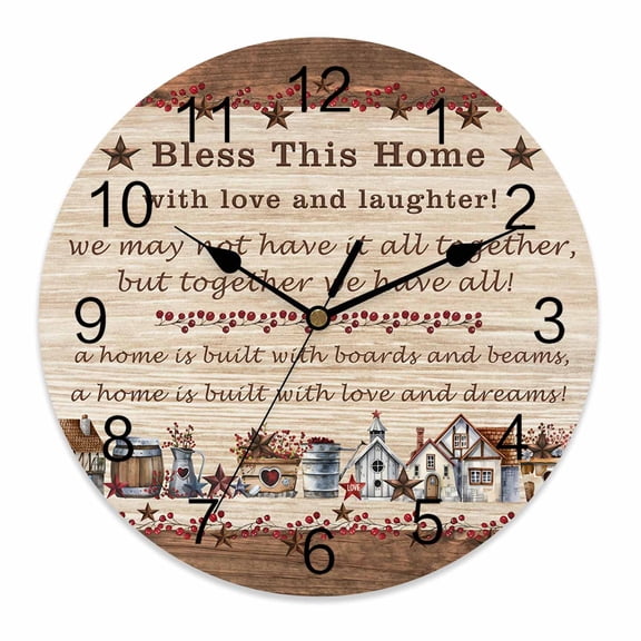 Silent Wall Clocks Battery Operated, Brown Farmhouse Barn Stars Round Decorative Wall Clock for Living Room Bedroom Kitchen Bathroom Classroom Decor, 10 Inch Vintage Country Wood Texture