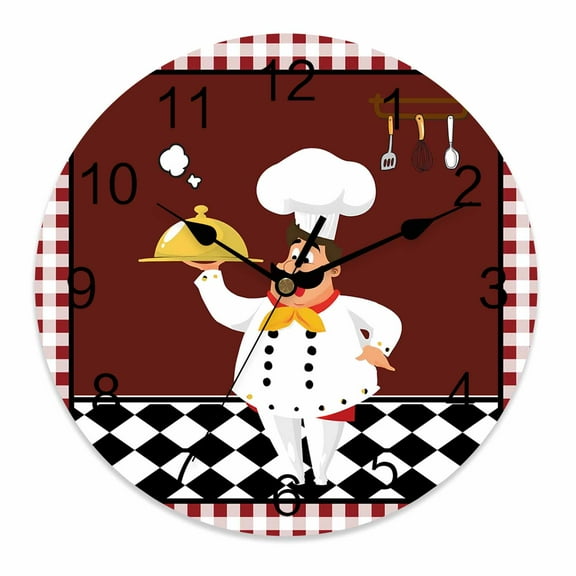 Silent Wall Clocks Battery Operated, Cartoon Chef Kitchen Round Decorative Wall Clock for Living Room Bedroom Kitchen Bathroom Classroom Decor, 14 Inch Gourmet Rustic Farmhouse Red Plaid