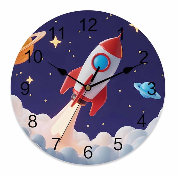 Silent Wall Clocks Battery Operated, Cartoon Navy Blue Space Round Decorative Wall Clock for Living Room Bedroom Kitchen Bathroom Classroom Decor, 10 Inch Red 3D Rocket Yellow Stars