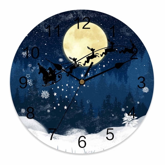 Silent Wall Clocks Battery Operated, Christmas Round Decorative Wall Clock for Living Room Bedroom Kitchen Bathroom Classroom Decor, 10 Inch Santa Claus Reindeer Blue Snowy Night
