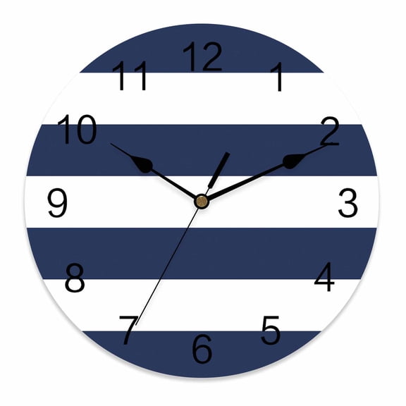 Silent Wall Clocks Battery Operated, Coastal Nautical Striped Round Decorative Wall Clock for Living Room Bedroom Kitchen Bathroom Classroom Decor, 12 Inch Navy Blue White